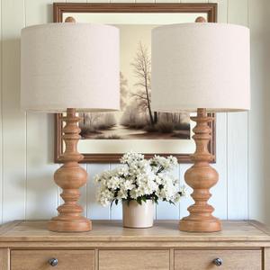 BOBOMOMO 24" Farmhouse Table Lamps Set of 2 Rustic Light Brown Resin Bedside Lamps with Linen Shades, Medium Size Nightstand Lamps for Bedroom, Living Room, and Entryway, Ideal for Warm, Cozy Spaces