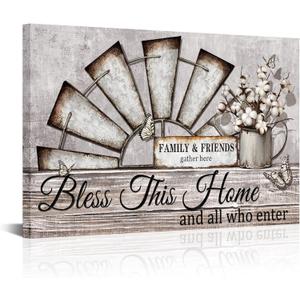 Visual Art Decor Farmhouse Windmill Wall Decor Bless This Home Sign Rustic Farm Style Room Decor Framed 16x24inch Kitchen Bedroom Living Room Decor (Beige)