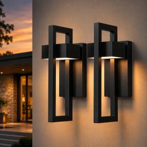 Modern LED Outdoor Wall Lights, Matte Black Waterproof Exterior Light Fixtures for House, Warm White 3000K Porch Sconce for Garage Entryway Patio, Integrated LED Hardwired, 2 Pack, 13.7 Inch - 2 Pack