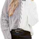 Pink Queen Women's Chunky Sweaters 2025 Fall Winter Long Sleeve Mock Neck Cable Knit Colorblock Pullover Jumper Tops, Size L