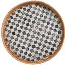 Round Rattan Tray with Mother of Pearl Inlay, Rattan Serving Tray for Coffee, Bread, Fruits, Decorative Wicker Tray for Table Decor, Home Decor, Kitchen Island Decor(Black Checkerboard, 11.8")