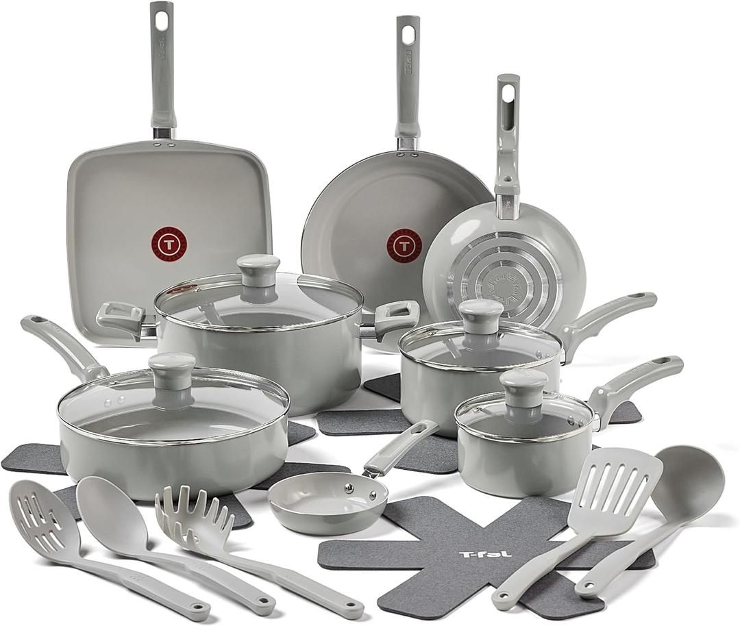 T-Fal Refresh Ceramic Nonstick Cookware Set, 20-Piece, Made without PFOA and PTFE, Oven and Broiler Safe up to 350F, Includes Stockpot, Griddle, Frying Pans, and Utensils, Pots and Pans, Moon Grey
