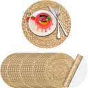 Dandat 100 Pcs Disposable Printed Woven Paper Placemats Bulk 11 Inch Round Wicker Printed Chargers Place Mat Farmhouse Braided Rattan Tablemats for Wedding Dinner Party(Light Brown)