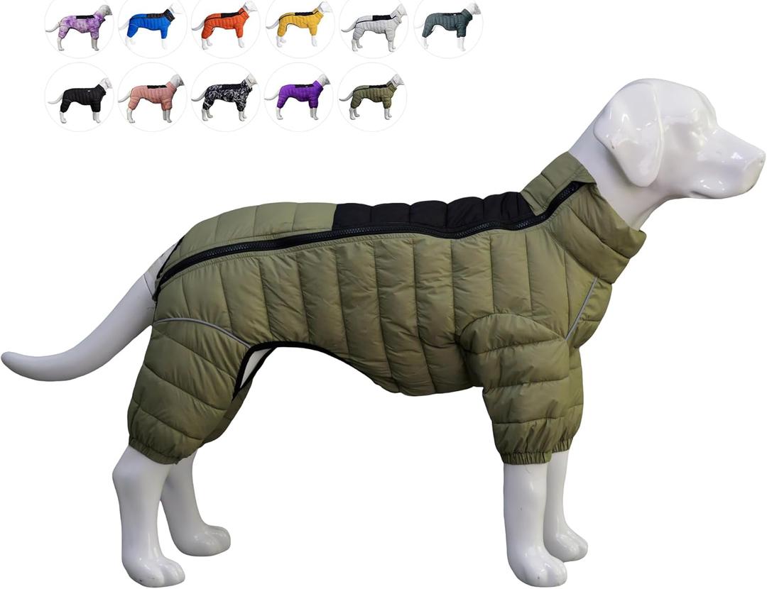 Lovelonglong Dog Coat - Warm Jacket, 4 Legs Covered Waterproof Windproof Reflective Dog Vest, Zippered Adjustable Outdoor Snow Jacket for Small to XXL Dogs, Olive Green (2XL (19inch Back))