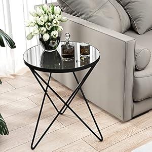HLR Modern Round Side Table, End Table with Marble Effect Top and Gold Metal Frame, Small Side Table for Living Room, Bedroom, Sofa and Couch, Black Legs, Mirror top