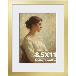 HappyHapi 8.5x11 Picture Frame Gold, Gold Picture Frames Display Photos 6x8 with Mat or 8.5x11 Without Mat, 1 Pack Plastic Frame for Wall & Tabletop for Home Decor