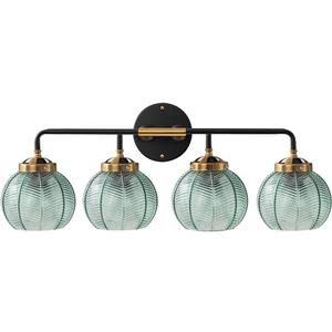 4-Lights Bathroom Light fixtures Glass Vanity Light Green Bathroom Sconce Mid Century Modern Wall Lamp,Black Gold Art Deco Vanity Light for Over Mirror Bedroom Hallway Dining Room
