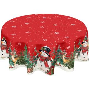 Christmas Tablecloth Round 60 Inch Red Winter Snowman Snowflake Table Cloth Farmhouse Xmas Tree Snow Table Cover for Kitchen Dinner Room Holiday Party Indoor Outdoor Home Christmas Decor