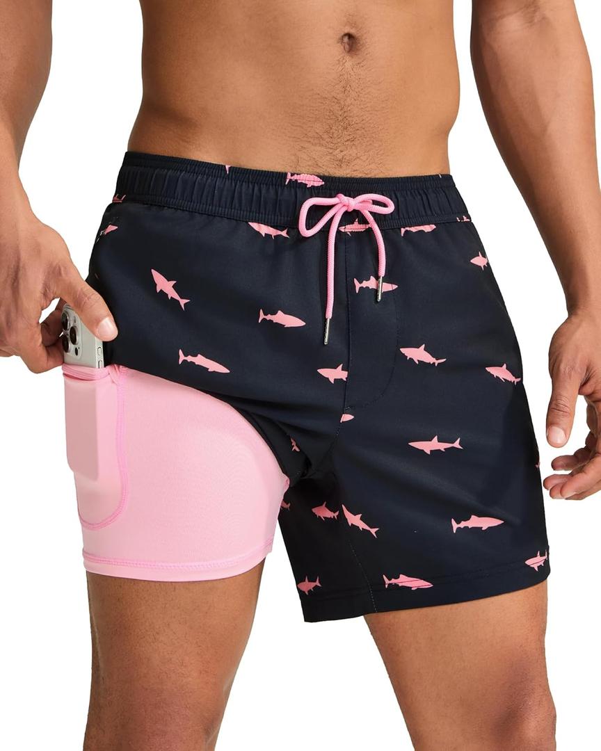 maamgic Mens Swim Trunks with Compression Liner 5 Inch, Quick Dry Bathing Suit with Zipper Pockets, No-Chafing Swim Shorts (Medium, Black-pink Shark)