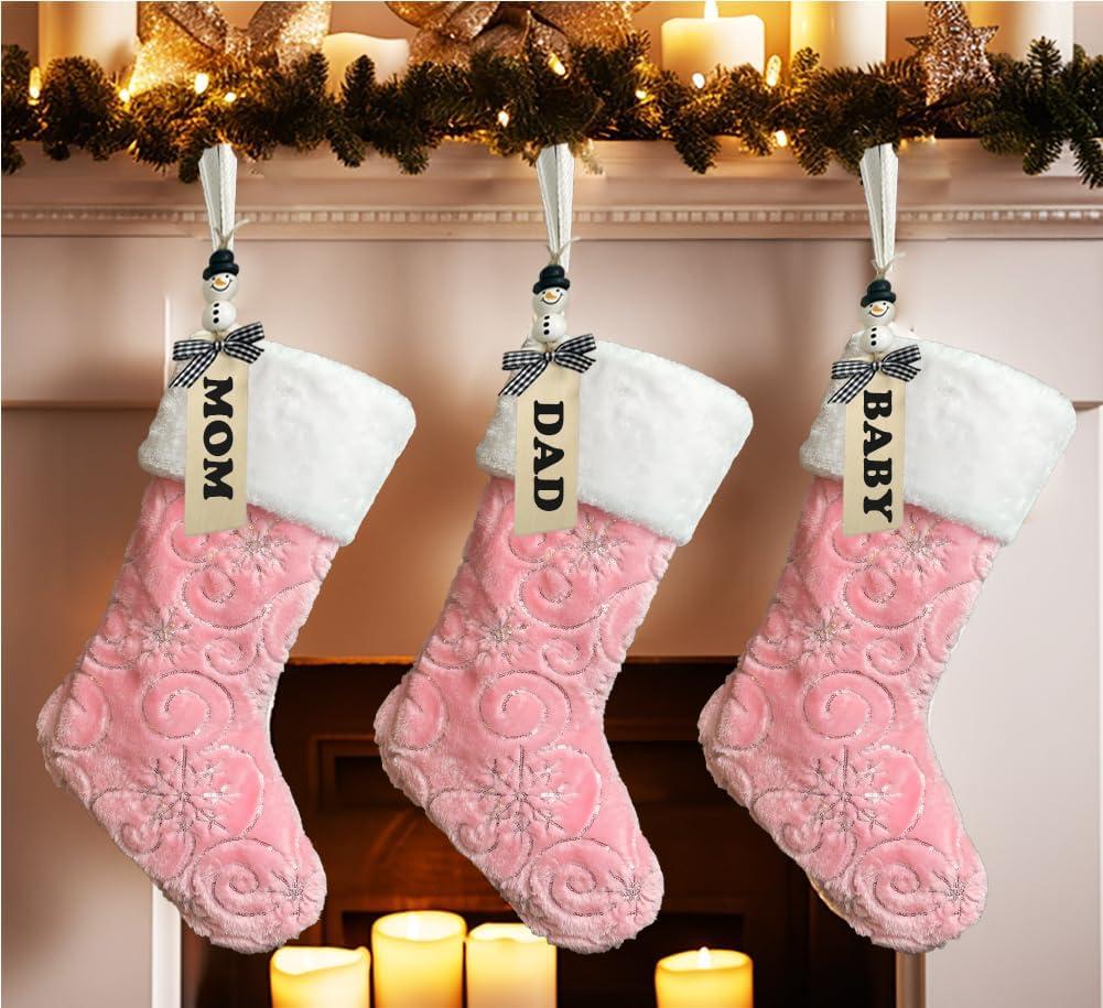 AISENO 3Pack 19 Inch Sequin Faux Fur Christmas Stockings Sequin Snowflake Hanging Ornaments Candy Gift Bags for Christmas Decorations Pink