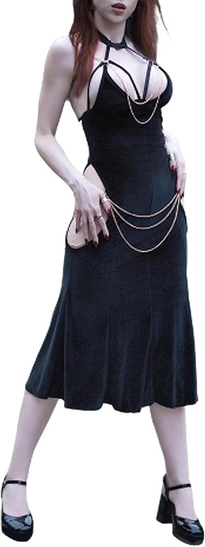 Women Sexy Halter Backless Hollow Out Dress with Detachable Gold Chain for Club, Party & Cosplay, Size: Large, Black