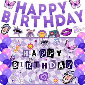 Purple Music Birthday Party Backdrop,Purple Butterfly Decor Supplies Include Happy Birthday Banner,Backdrop, Latex Balloon