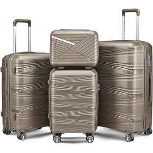 4 Piece Luggage Set PP Hardshell, Expandable Suitcase Set (20/24/28) with 14" Cosmetic Case, Lightweight Spinner Wheels with TSA Lock, Detachable Wheels for Nesting Storage (Champagne)