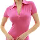 AmélieBoutik Women Collared V Neck Short Sleeve Polo Shirt (Pink, S)