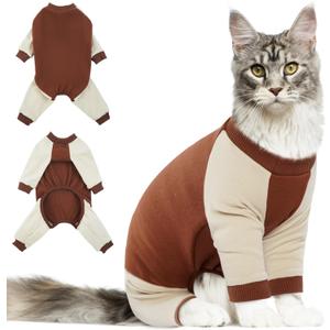 DENTRUN Cat Recovery Suit, Kitten Hair Sticky Onesie, Surgical Cone Alternative Shirts for Female Male Cat Recovery After Surgery, Cat Hair Spreading Prevent Clothes Pajama Apparel for Cats Only (Large, Brown)