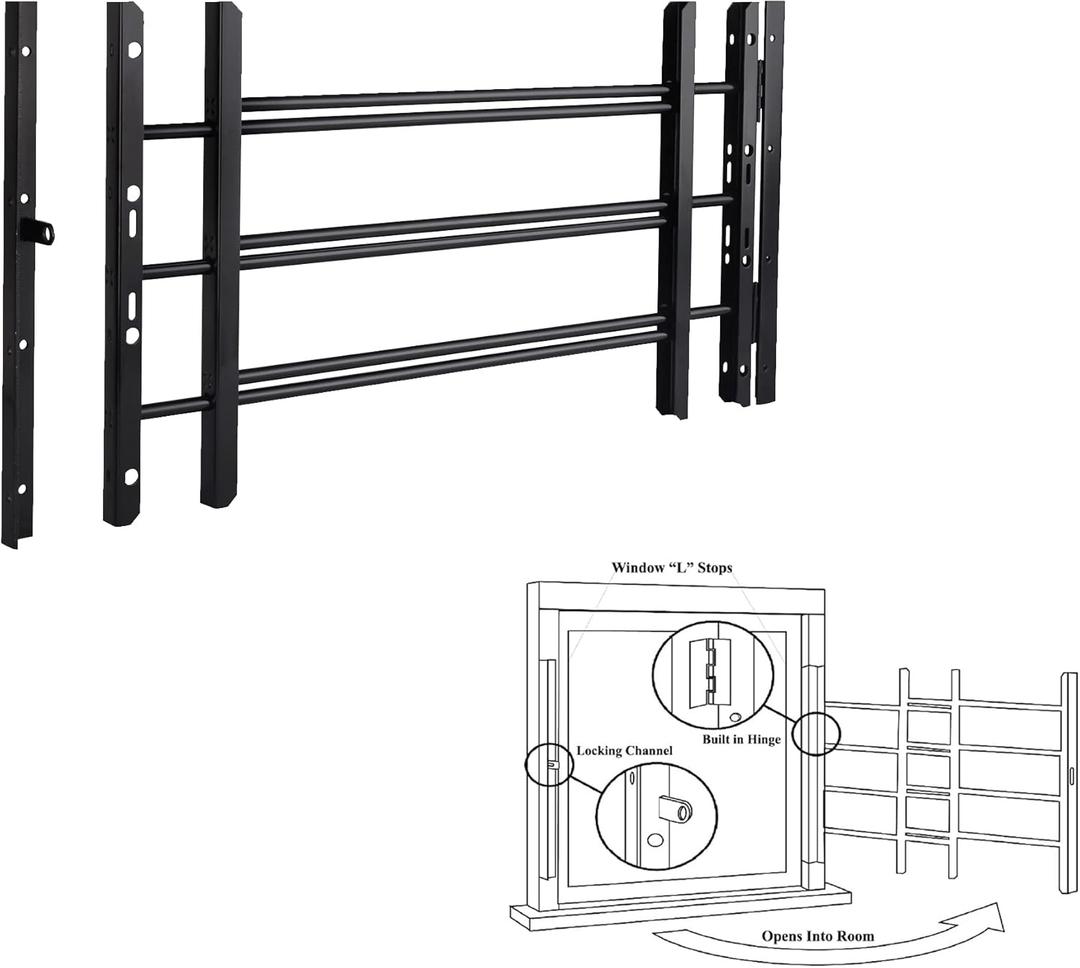 Grisham PP SPAG Window Security Bars with Quick-Release Egress, (Black, 3Bars)14''H x 22''- 42'' Adjustable Width Window Safety Guards for Children, Tubular Steel, Rust Resistant