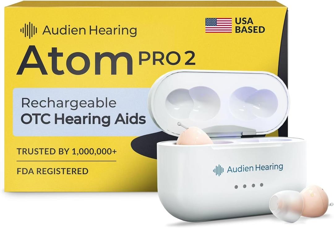 Audien Hearing ATOM PRO 2 Wireless Rechargeable OTC Hearing Aids, Premium Comfort Design and Nearly Invisible
