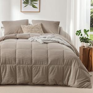 KASENTEX King Size Comforter set, Fluffy Corduroy Comforter Set of 3 Duvet Insert,cozy Down Alternative, with Soft Brushed Microfiber Reverse, bedding sets Box Stitched for All-Season, Light Brown