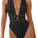 ZAFUL Women's One Piece Swimsuit Deep V Neck Ribbed Self Tie Sexy High Cut Bathing Suit Crisscross Back Swimwear size L