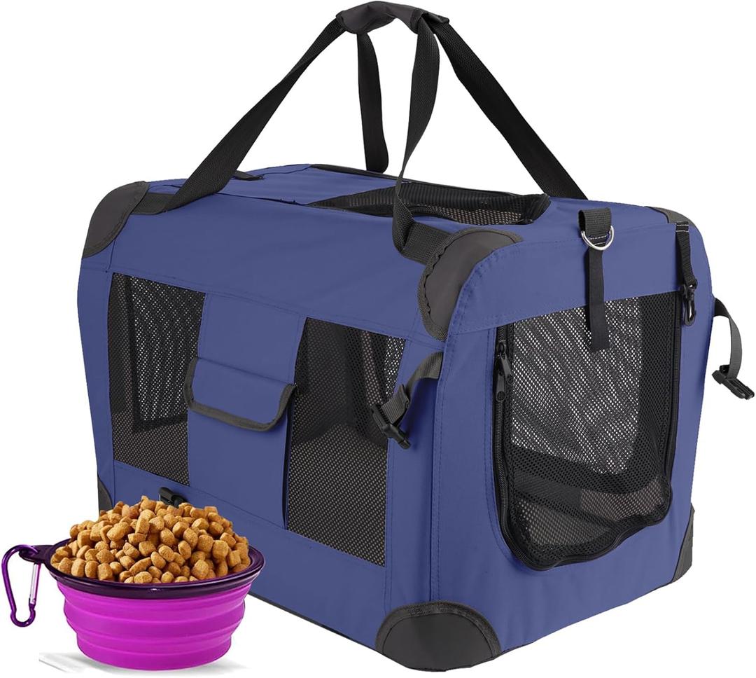 Cat Carrier Pet Crate Dog Carrier 24"" L x 17"" W x 17"" H Portable Collapsible with Soft Warm Blanket and Carrying Case for Cats & Small/Medium Dogs for Traveling/Indoor and Outdoor, Blue