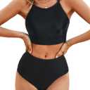 Herseas Women's Bikini Sets High Neck Tropical Leaf Print High Waisted Two Pieces Swimsuits Bathing Suits (Black, L)