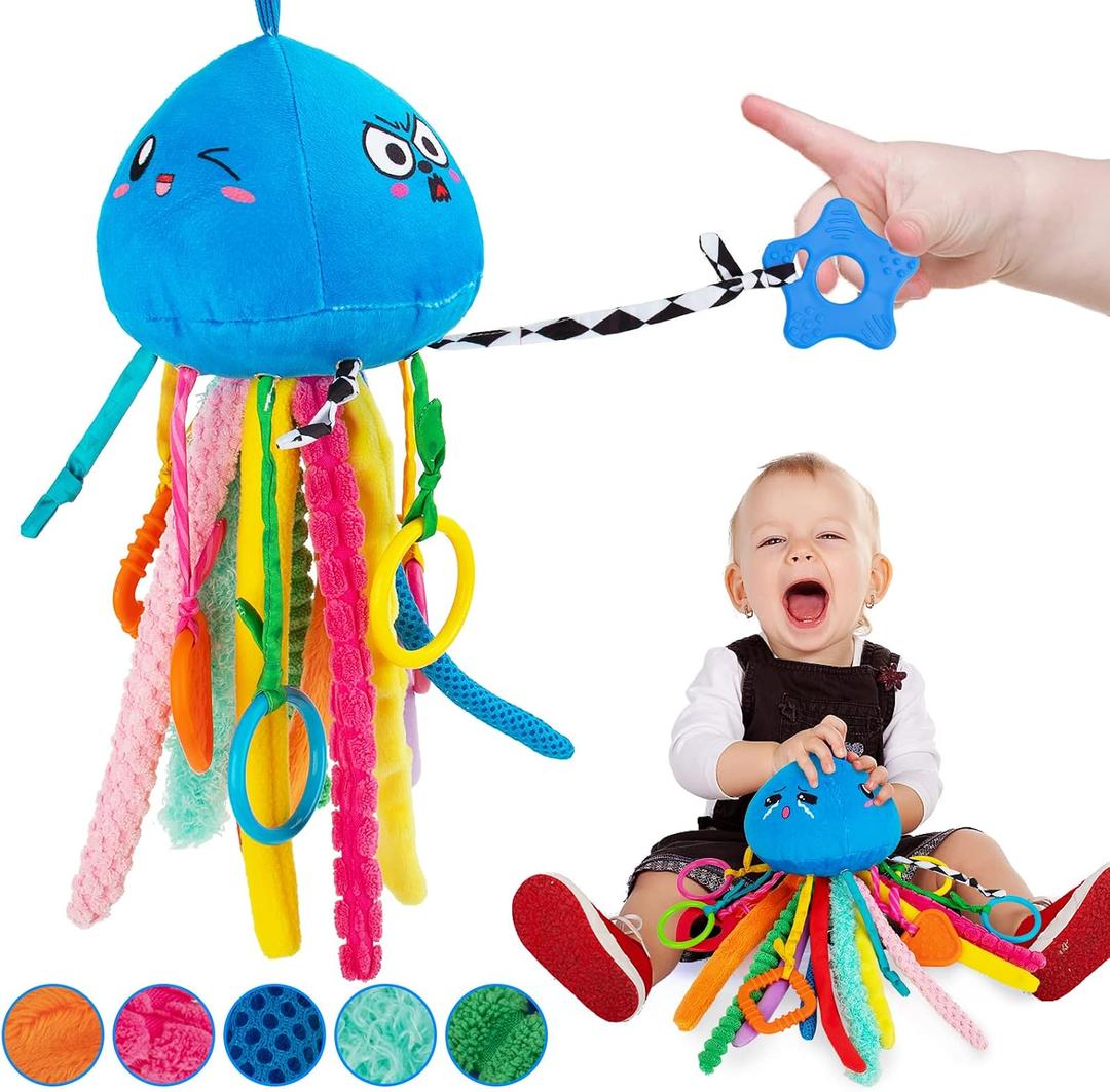 Teytoy Sensory Toy, Texture Toys for Babies with Rattle, Autism Sensory Toys Jellyfish Shape Tactile Sensory Toys with 10 Textures, Baby Sensory Toys for 0-3-6-18 Months Soft Baby Toys with Teethers