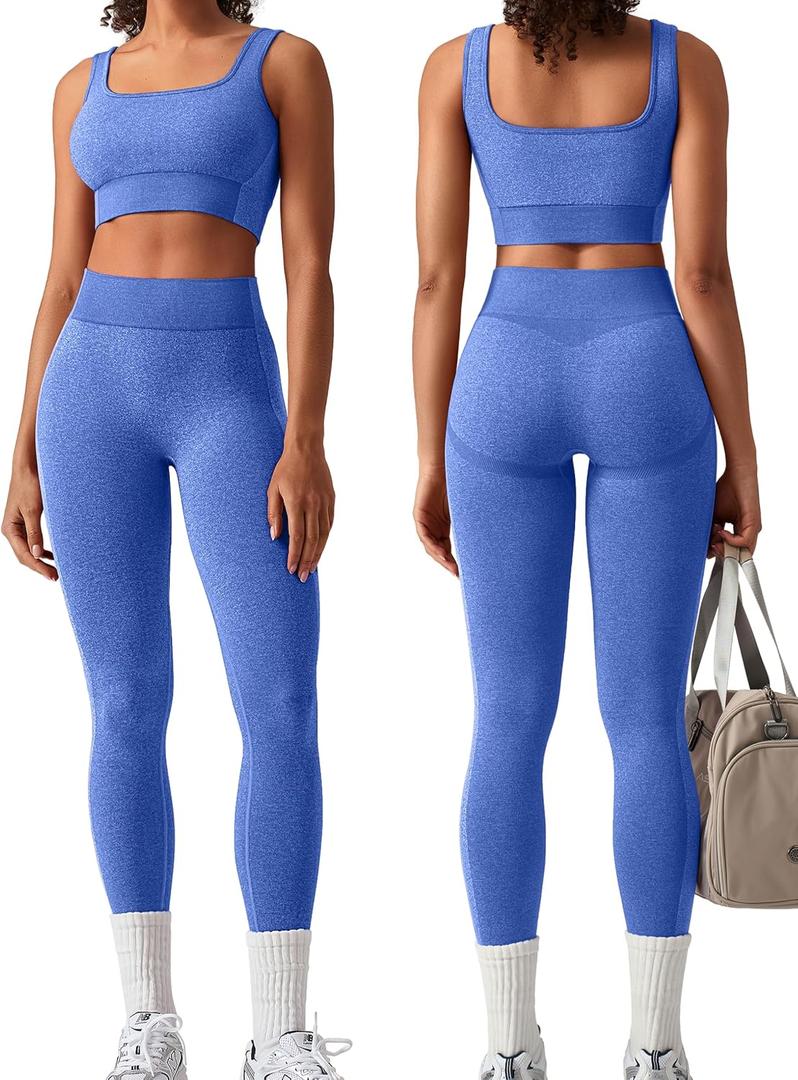 OLCHEE Womens Workout Sets 2 Piece Seamless Square Neck Sports Bra Padded Butt Lifting Leggings High Waist Yoga Gym Outfits (Blue, M)
