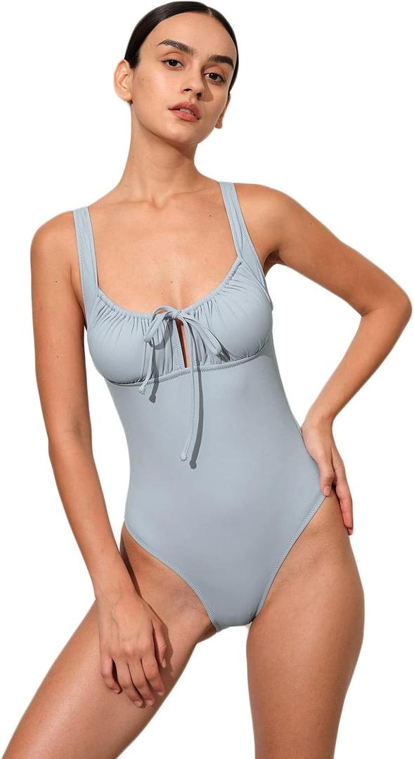 Womens Tie Floral Sexy One-Piece Tankini Bathing Suits Slimming Swimsuit (Light Blue), XS