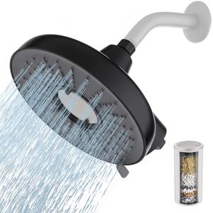Filtered Shower Head, 8 Inch High Pressure Rainfall Showerhead and 15 Stage Shower Filter Combo for Hard Water, 360° Adjustable Swivel, 3 Spray Modes (Black)