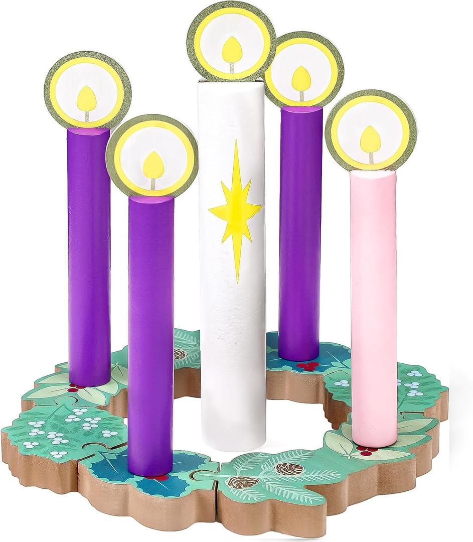Wooden Christmas Advent Wreath with 5 Candles Christmas Advent Candles Decor Rustic Religious Wreath Decoration for Xmas Church Desk Table Christian Gift
