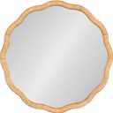 Kate and Laurel Rahfy Boho Scalloped Round Rattan Mirror; 26 Inch Diameter; Natural Wood; Decorative Round Wavy Mirror with Authentic Rattan Frame for Boho Wall Decor