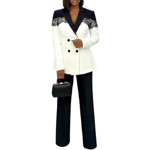 Tcremisa Womens 2 Piece Pants Suit Long Sleeve Lace Patchwork Blazer Straight Leg Pant Set Business Office Work Outfits Black XL