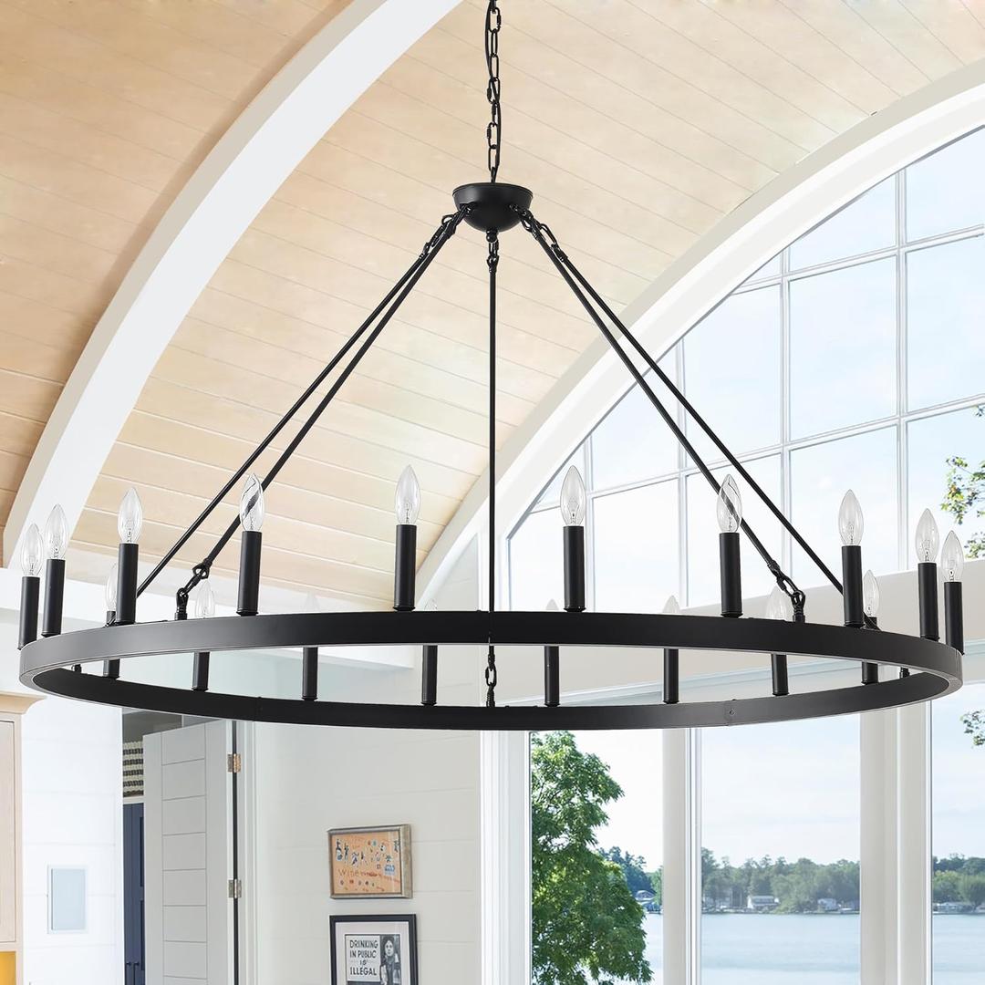 53 Inch Black Extra Large Wagon Wheel Chandelier, 20-Lights Farmhouse Industrial Round High Ceiling Pendant Light Adjustable Chain for Outdoor Porch,Foyer,Dining Room, Living Room 53 Inch Black Extra Large Wagon Wheel Chandelier, 20-Lights Farmhouse Industrial Round High Ceiling Pendant Light Adjustable Chain for Outdoor Porch,Foyer,Dining Room, Living Room