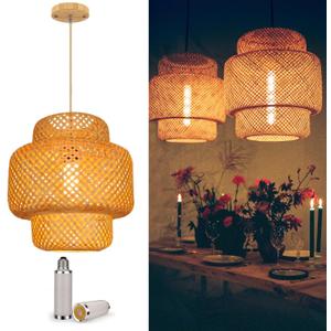 Bamboo Pendant Lights, Boho Wicker Rattan Chandelier, Natural Hanging Lamp for Living Room, Bedroom, Kitchen Island, Farmhouse, Basket Hanging Light Fixtures (Ceiling - Lantern Plus)