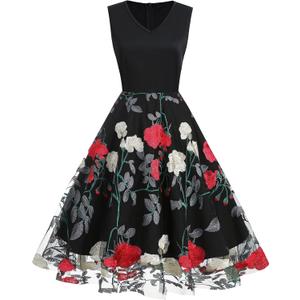 Women Keyhole Floral Embroidery Dress Sheer Mesh Illusion Vintage Cocktail Swing Dress Wedding Party Prom Tulle Evening Dress (XX-Large, Black-peony)