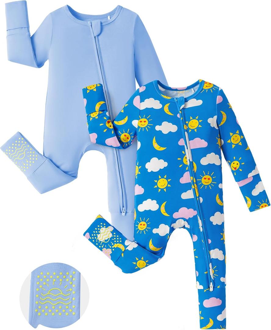 PATPAT Baby Footie Romper, Viscose from Bamboo, Long Sleeve, 2-Way Zipper, Fold-Over Mittens, Cuffs & Anti-Slip Grips (Newborn, Blue Sky)