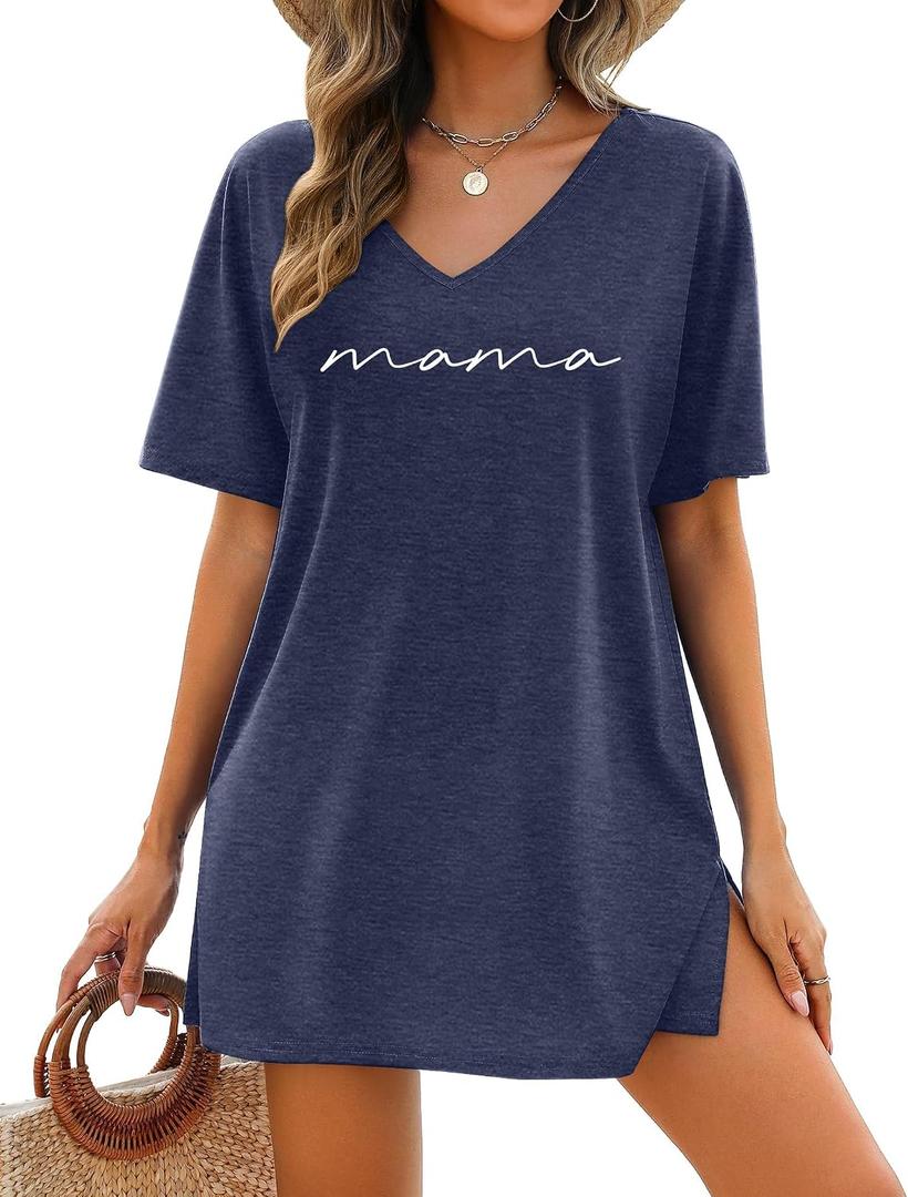 Mama Shirts for Women Dresses Mom Life Shirt Mothers Day Tops Mama Summer V Neck Casual Vacation Dress (S)
