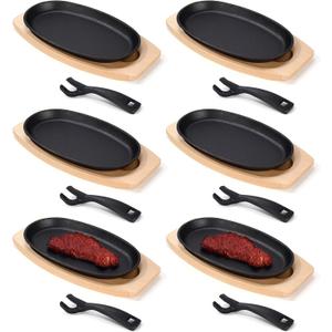 6 Pieces Oval Cast Iron Fajita Skillet Pan Set Small Sizzling Steak Plate with Wooden Base and Handle Cast Iron Fajita Skillet Sizzling Plate for Home Valentine's Day(9.5 in x 5.5 in, Natural Wood)