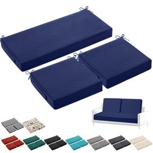 Leinuosen 3 Pcs Outdoor Chair Cushions Set 44 x 19 Inch Loveseat Waterproof Patio Furniture Love Seat Pad Cushions with Ties for Square Settee Indoor Sofa Wicker Couch Bench(Navy Blue)