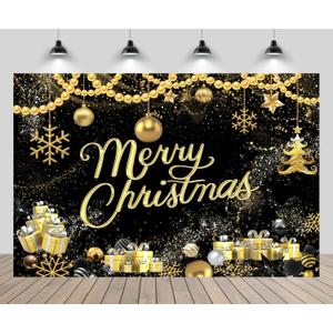 7x5ft Merry Christmas Backdrop Golden Christmas Balls Stars Snowflake Xmas Tree Xmas Gift Boxes Black Background Happy New Year Eve Party Decor Portrait Photo Studio Booth Props Wallpaper (B1-3678)