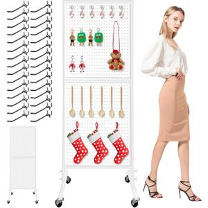 Royxen Large Standing Pegboard Display with T-Base, 2 x 5.4 Feet Metal Pegboard Display Stand with 30 Hooks, Peg Board Panels with Wheels for Vendors, Home and Retail Store (White)