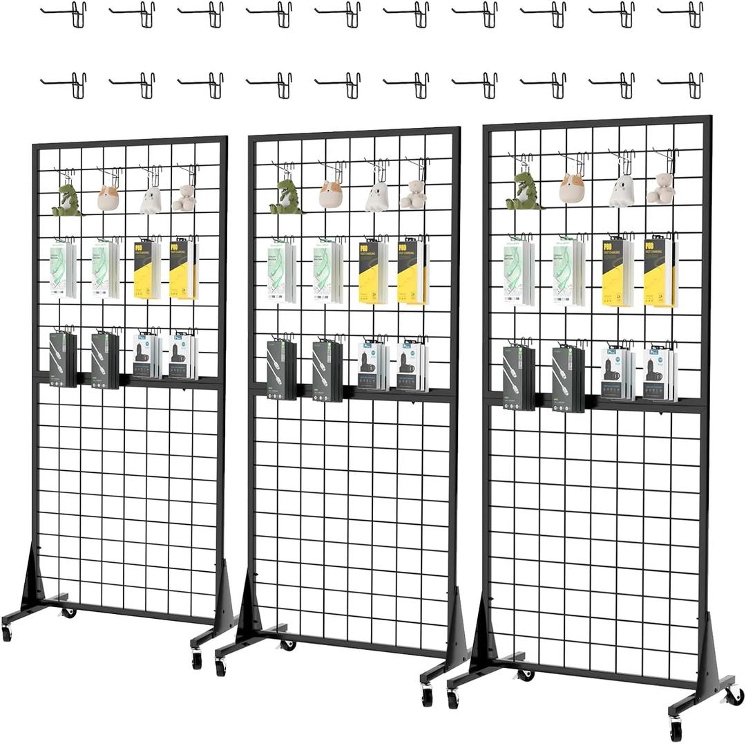 3-Pack 2'x5.5' Ft Gridwall Panel Display Stands Heavy Duty Floor Standing Retail Display Rack with Triangle Base for Retail Art Show With 20 Hooks