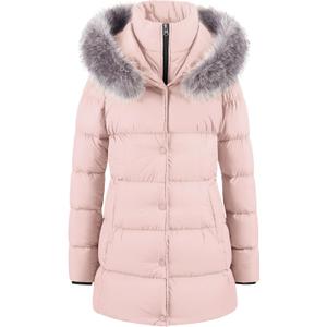 CREATMO US Women's Winter Snow Jacket Long Fur Puffer Coat With Removable Faux Fur Trim (Pink)