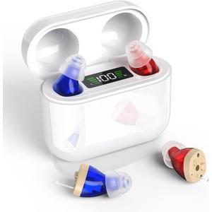 Hearing Aids with Long-Lasting Charging Case, Invisible Hearing Aids for Seniors with Smart Noise Cancellation, Completely-in-Canal Hearing Aid Devices, Easy Control (White)