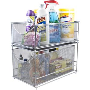 Sorbus Cabinet Organizer Set Mesh Storage Organizer with Pull Out DrawersIdeal for Countertop, Cabinet, Pantry, Under the Sink, Desktop and More (Silver Two-Piece Set)