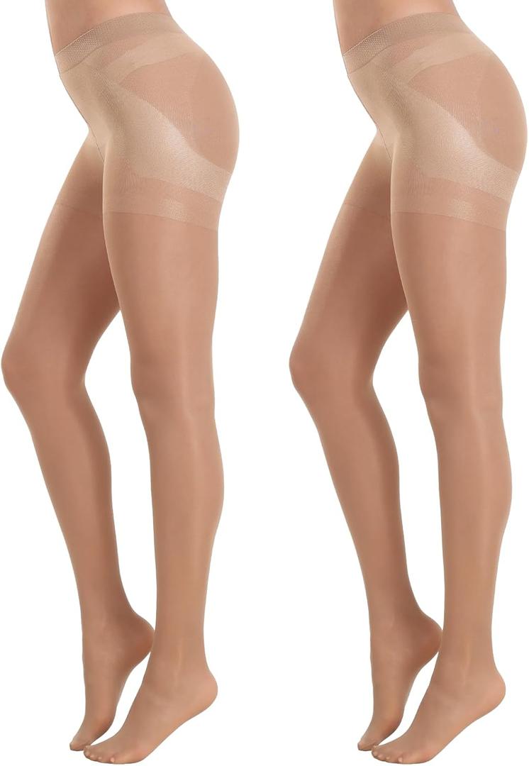 MANZI 2 Pairs Women's Sheer Tights 40D High Waist Control Top Pantyhose Thigh High Stockings with Reinforced Toes (Large, Natural Nude)