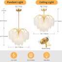 LumFurn 6-Light Gold Chandeliers, Modern 3-Tier Pendant Light Fixture for Dining Room, Living Room, Adjustable Height 19~51", Frosted Feather-Shaped Glass Shade & Brass Finish Frame, Large Pendant
