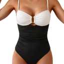 Eomenie One Piece Swimsuit for Women Tummy Control Ruched Bathing Suit Cutout U Wire Swim Suits (Large, Ribbed, Black White)