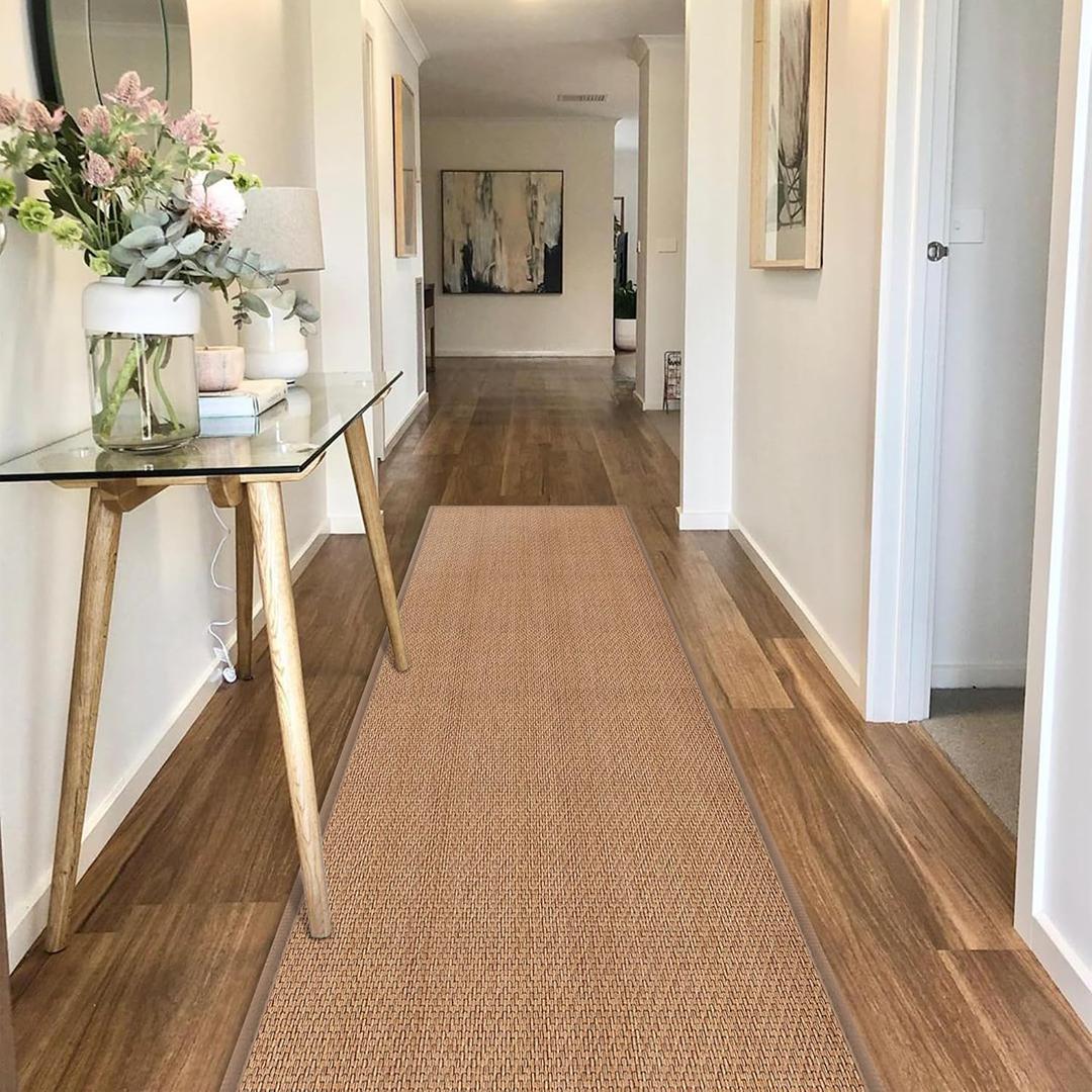 7ft Natural Jute Hallway Runner Rug Non Slip Washable, Rubber Backed Long Indoor Entryway Runner, Absorbent Kitchen Carpet Sink Rug, Camel