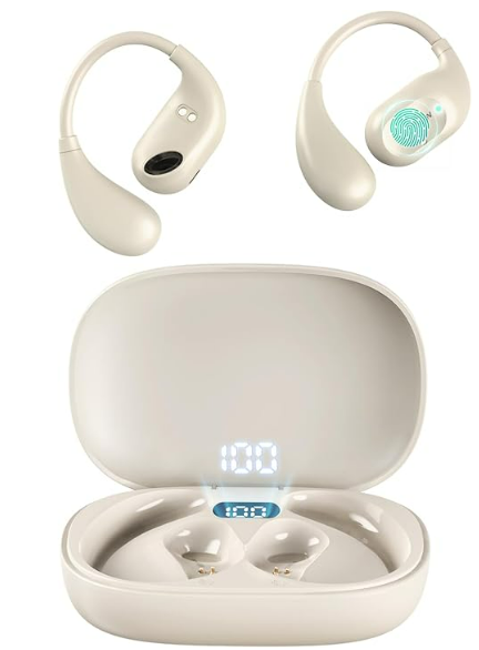 Open Ear Headphones, Over Ear Earbuds Bluetooth 5.3 with LED Digital Display, 34H Play Time, IP54 Waterproof, Lightweight Design Running Headphones for Sports and Fitness (Beige)